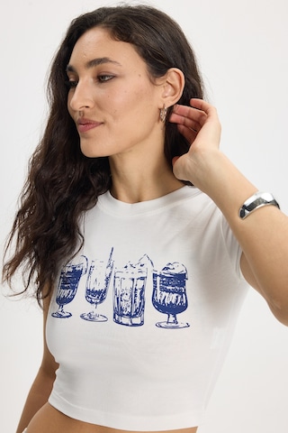 Tudors Kadın Slim Fit Dar Kesim Pamuk Bisiklet Yaka Kısa Kollu Baskılı Ekru Crop Tişört-50535 L