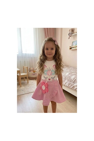 Retro Women Kız Çocuk Pembe Desenli Beyaz Şık Keten Şort Çantalı Doğum Günü Kutlama Prenses Günlük Tşirt Şortetek Takım Pembe
