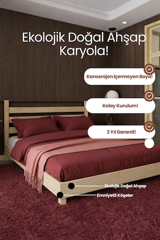 Urban Model Masif Ahşap Karyola Kolay Kurulum Fırınlanmış İthal Sibirya Çamı 90x190 Yatak Uyumlu