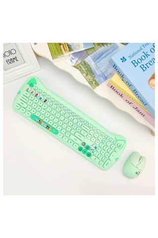 Geezer Cat Plus Kablosuz Klavye Mouse Seti 2.4g Kedi Kulaklı Sevimli 110 Tuş Renkli Set Optik