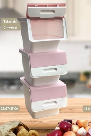 3 Lü Tekerlekli Patateslik Soğanlık Oyuncaklık Erzak Kutusu Sebzelik Beyaz Pembe 36 Lt Pembe Beyaz