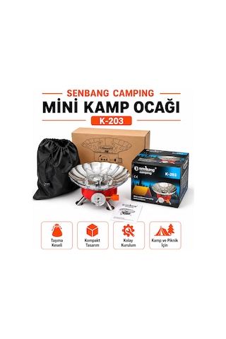 Senbang Camping K-203 Mini Kamp Ocağı Portatif Kartuşlu Gaz Ocağı, Rüzgar Korumalı Taşıma Keseli Piknik Ocağı Kırmızı