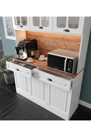 Efes Kahve Köşesi - 140 Cm Mdf Mutfak Dolabı - Led Aydınlatmalı - Atlantik Çam - Beyaz