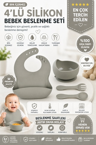 Çocuk Silikon Mama Önlüğü, Silikon Vakumlu Kase, Silikon Kaşık Ve Çatal / Gri