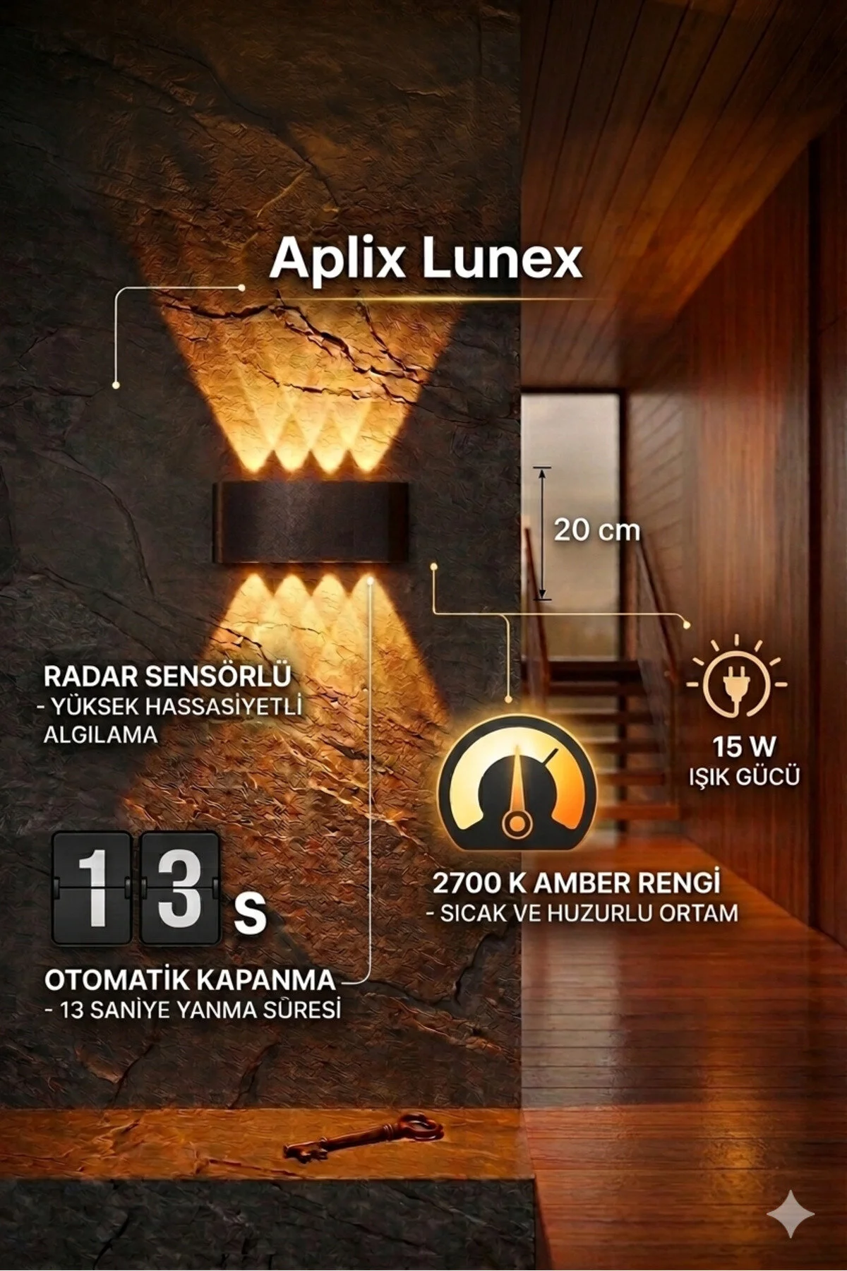 Lunex 15w 8 Işık Efektli Led Duvar Apliği Modern Siyah Amber Aplik Sensörlü