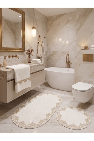 My Evilla Çeyizlik Güpürlü Dantelli Banyo Paspas Takımı Kaymaz Taban Ve Güpürlü Havlu Seti 3'lü Krem