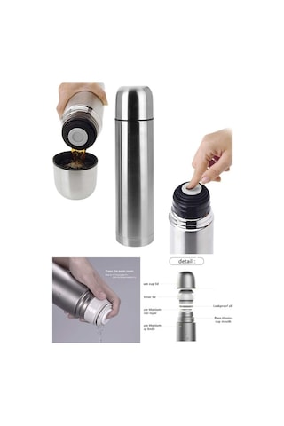 İsime Kişiye Özel 500ml Çelik İnox Çift Katmanlı Termos 12 Saate Kadar Sıcak Soğuk Tutma Kamp Termos Gri