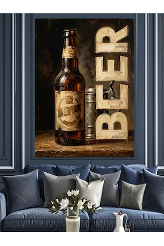 Bira Şişesi Ve Retro Yazı Dekoratif Kanvas - Mdf Ahşap Tablo