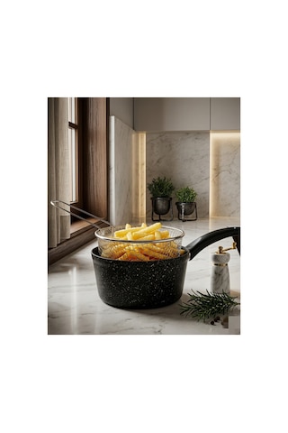 Granit Kızartma Tavası 20cm Patates Cips Fritöz Telli Kızartma Tenceresi Sütlük Siyah