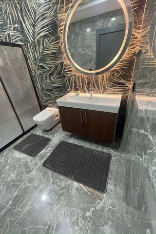 Modern Bubble Yıkanabilir Kaymaz Peluş Banyo Paspası Halısı 2'li Klozet Takımı 60x100 Ve 50x60 Antrasit
