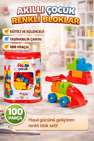 Akıllı Çocuk Renkli Bloklar 100 Parça Eğitici Eğlenceli Ve Taşınabilir Yapı Seti