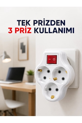 Tek Prizi 3 Lü Yapan Anahtarlı Priz Adaptörü Topraklı Priz Çoğaltıcı 1