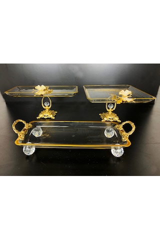 Alfafe Home 3 Parca Gold Yaldızlı Kristal Ayaklı Sunumluk Gold