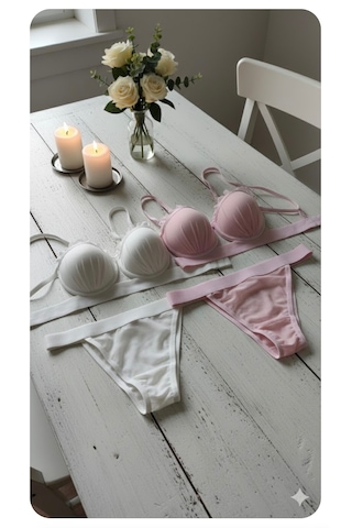 Trend Dokunuş Kadın 2'li Ekru-açık Pembe İstiridye Model Saten Şeritli Tül Detaylı Dolgulu Sütyen Külot İç Çamaşırı Takımı Pembe - Ekru