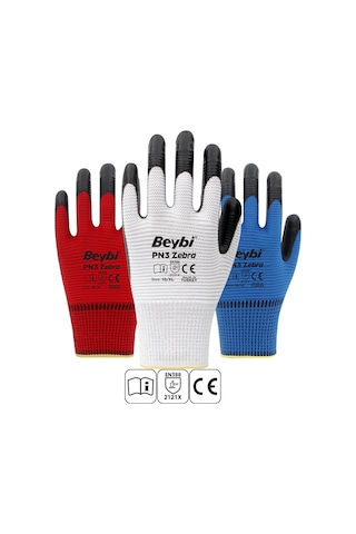 Beybi PN3 Zebra Polyester Örme Nitril İş Eldiveni 12 Çift – Kırmızı - Siyah
