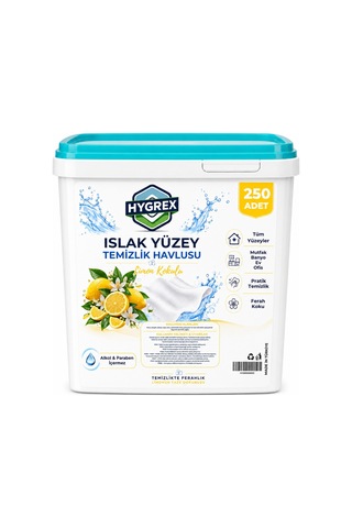 Hygrex Limon Kokulu Yüzey Temizlik Havlusu Islak Kova Mendil 250 Adet Ev Ofis Tüm Yüzeyler Kovalı Mendil Beyaz