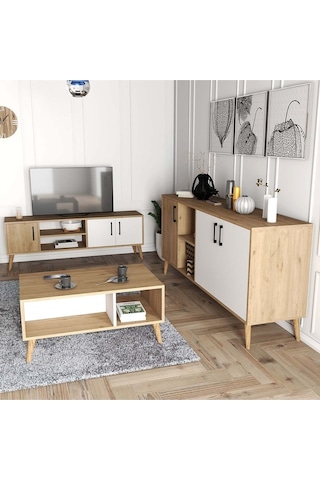 Exxen Ahşap Ayaklı Tv Ünitesi - Orta Sehpa - Konsol Seti Sepet - Beyaz Set 1584-2074-1624
