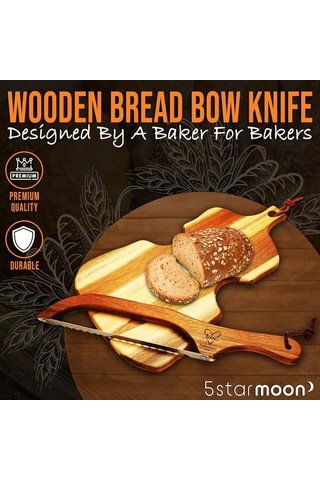 Maoyaya Ev Yapımı Ekmek İçin 5starmoon Ahşap Ekmek Bıçağı - Tırtıklı Paslanmaz Çelik Yay Dilimleyici, Simit Kesici Ahşap