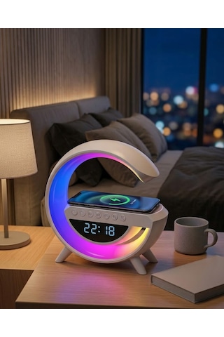 Kablosuz Şarjlı Led Işıklı Masa Saati Bluetooth Hoparlör Alarm Fonksiyonlu Sarı