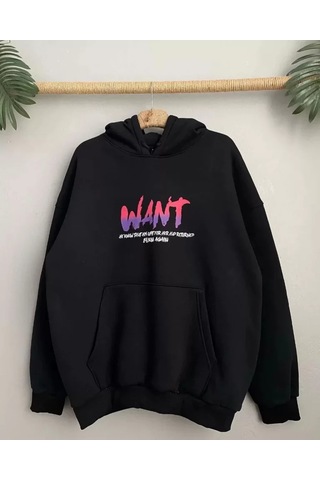 Etiler Collection Baskılı Üç İplik Kapüşonlu Oversize Sweatshirt - Siyah