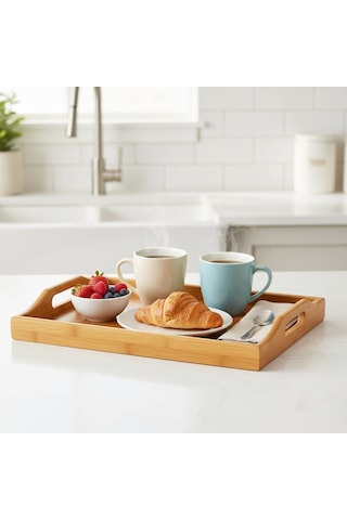 Lexroo Bambu Dikdörtgen Sunum Tepsi 33x22x5 Cm, Sofra Tepsisi, Çay Tesisi, Bambu Daire Tepsi