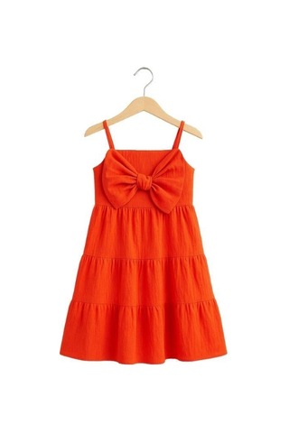 Kız Çocuk Askılı Fiyonklu Dokuma Elbise-16076 Turuncu