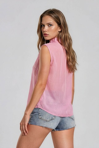 Vitrin Sıfır Kol Transparan Fırfırlı Bluz Pembe