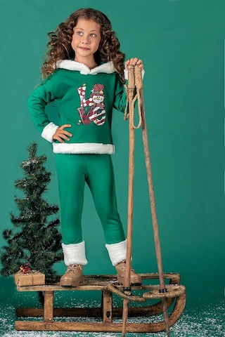 Unisex Çocuk Yılbaşı Christmas Noel Temalı Elf Model Kapüşonlu 3 İp Şardonlu 2 Parça Alt Üst Takım Yeşil