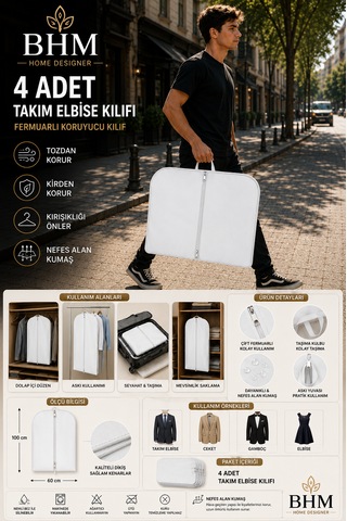 4'lü Takım Elbise Kılıfı 60x100 Cm Çift Fermuarlı Gamboç Elbise Kılıfı Kıyafet Koruyucu Toz Geçirmez Dolap Düzenleyici Beyaz