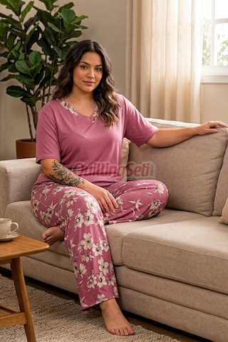 Lady Pembe Renk, Çiçek Desenli 11060 Kısa Kol Kadın Büyük Beden Anne Pijama Takımı