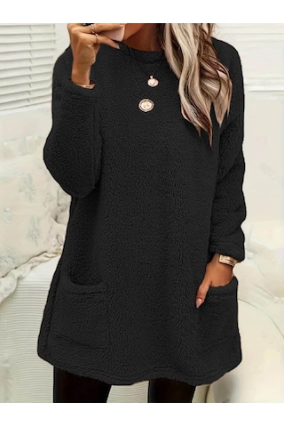 Leyla Sanat Sanata Yeni Bir Bakış Açısı Kadın Uzun Kollu Yuvarlak Yakalı Cepli Peluş Bluz Siyah