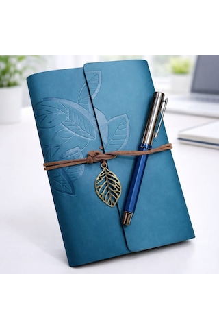 Yaprak Desenli Deri Defter Ve Lacivert Metal Roller Kalem Seti Çok Renkli