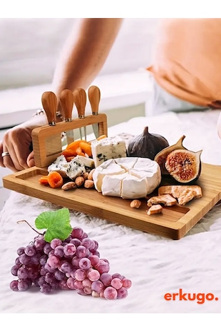 5 Parça Bambu Peynir Sunum Tahtası Ve Çatal - Spatula -mini Spatula - Bıçak Seti, Peynir Kesim Panosu, Sunum Seti Bambu