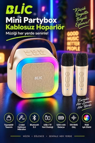 Blic Bls-97 Bej Partybox Çift Kablosuz Mikrofonlu Rgb Led Işıklı Taşınabilir Bluetooth Hoparlör