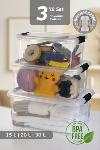 3'lü 15-20-30 L Çok Amaçlı Saklama Kabı Seti - Kilitli Kapak Banyo Mutfak Düzenleyici Saklama Kutusu Şeffaf