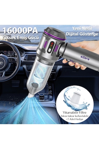 Ezere 16000pa Güçlü Dijital Göstergeli Vakumlu Kablosuz Üflemeli Mini Araç Süpürgesi Gümüş