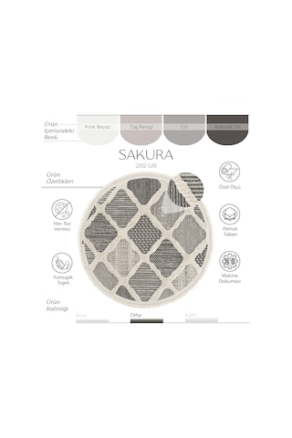 Cool Halı Sakura 2202 Gri Hav Toz Vermez Etnik Desenli Modern Bukleli Yuvarlak Salon Halısı