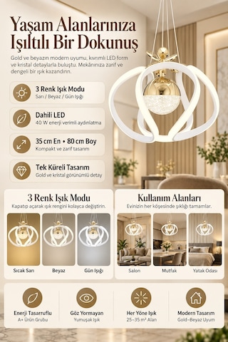 Ey-El Tasarım A++ Plus Ahtapot Beyaz Gold Led Avize Sarkıt Toplu Beyaz