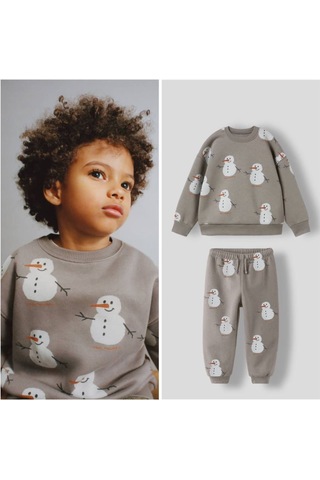 Kardan Adam Desenli Pamuklu Sweatshirt Jogger Eşofman Alt-üst Takım Açık Gri