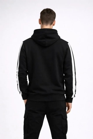 Defymoda Erkek Şeritli Kapüşonlu Sweatshirt Oversize 3 Iplik Pamuklu - Siyah Siyah