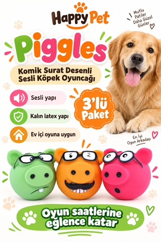 Happy Pet Piggles Komik Surat Desenli Sesli Köpek Oyuncağı 3'lü Paket
