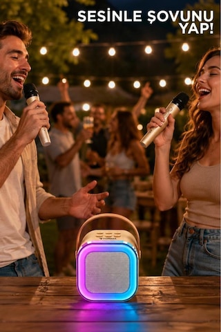Bluetooth Hoparlör Rgb Işıklı Kablosuz Karaoke Ses Sistemi Çift Mikrofonlu Parti Speaker D94