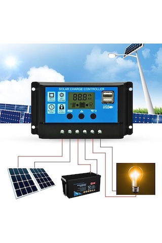 Konesam 30a 12v/24v Otomatik Tanıyan Pwm Güneş Şarj Kontrolcüsü, Lcd Ekran, İki Usb Portu, Optik Gecikme Modu, Ayarlı Parametreler - Tjk Yjss-30a