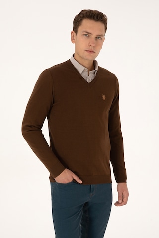 U.S. Polo Assn. Erkek Slim Fit V Yaka Kahverengi Basic Triko Kazak 50313662-VR029
