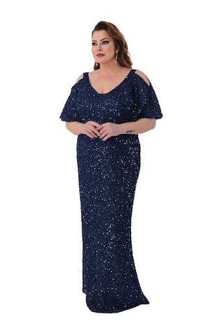 Lilas Xxl Kadın Büyük Beden Full Pul Payet İşlemeli Yarım Kol Maxi Boy Abiye Elbise 2530 Lacivert Lacivert