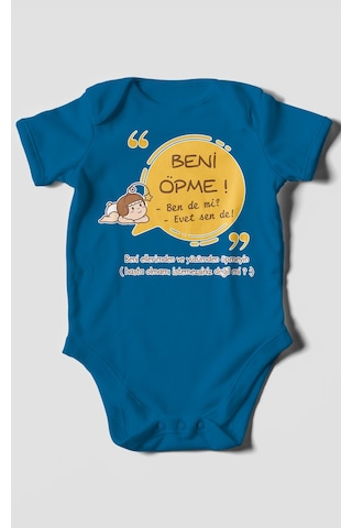 Beni Öpme Bende Mi Evet Sende Baskılı Bebek Zıbını Çıtçıtlı Body %100 Pamuk Kısa Kol Koyu Mavi