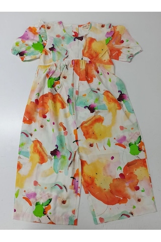 Oliventhekid Turuncu Desenli Poplin Sırtı Düğmeli Kız Çocuk Tulum Turuncu Turuncu