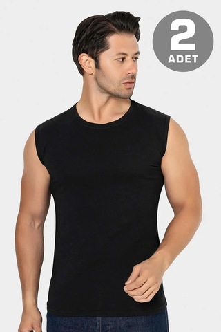 Terrien Özel Seri 2 Adet Erkek Siyah Bisiklet Yaka Kolsuz Tişört Yazlık Giysi Pamuklu Üst Slim Fit Siyah-2