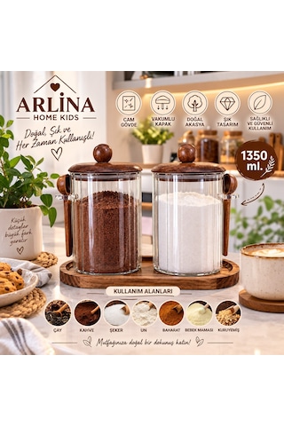 İkili 1350 Ml Akasya Kapaklı Kaşıklı Akasya Standlı Cam Kavanoz Seti Kahverengi