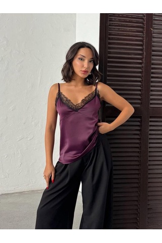 Ckm Moda Noiria Siyah Dantel Detaylı Saten Askılı Kadın Atlet Mürdüm